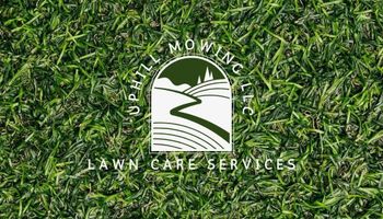 Lazy Lawn Mowing Lawn Care Services logo on green grass background with house and path icon