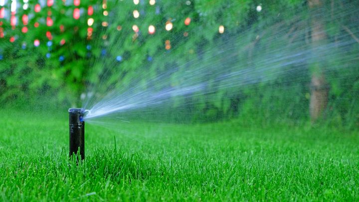 Lawn sprinkler spraying water across green grass in a garden