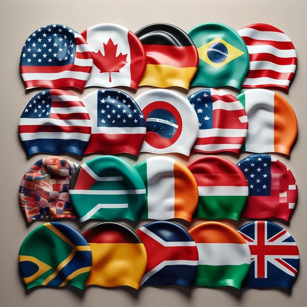 A bunch of swim caps with different flags on them