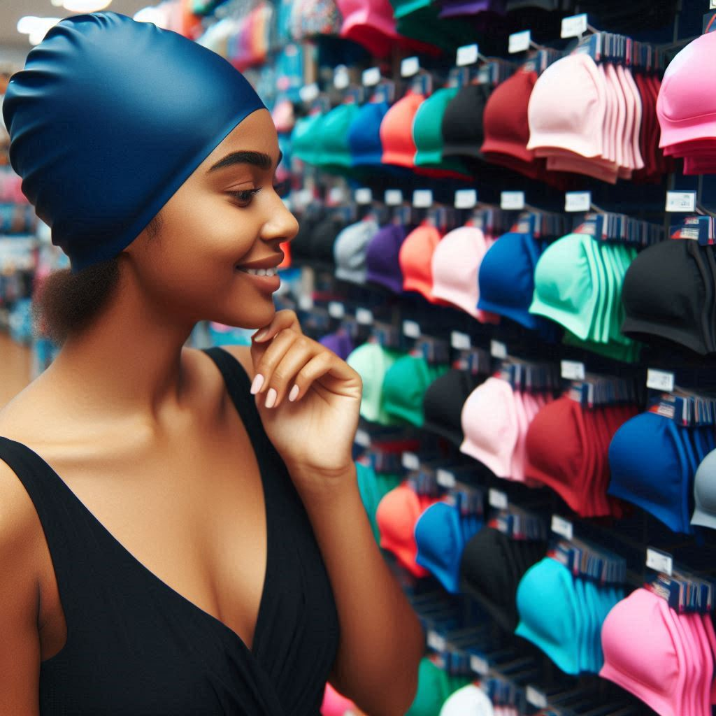 A woman wearing a swim cap is standing in front of a display of bras