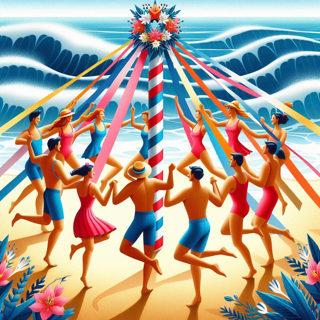 A group of people are dancing around a pole on a beach.