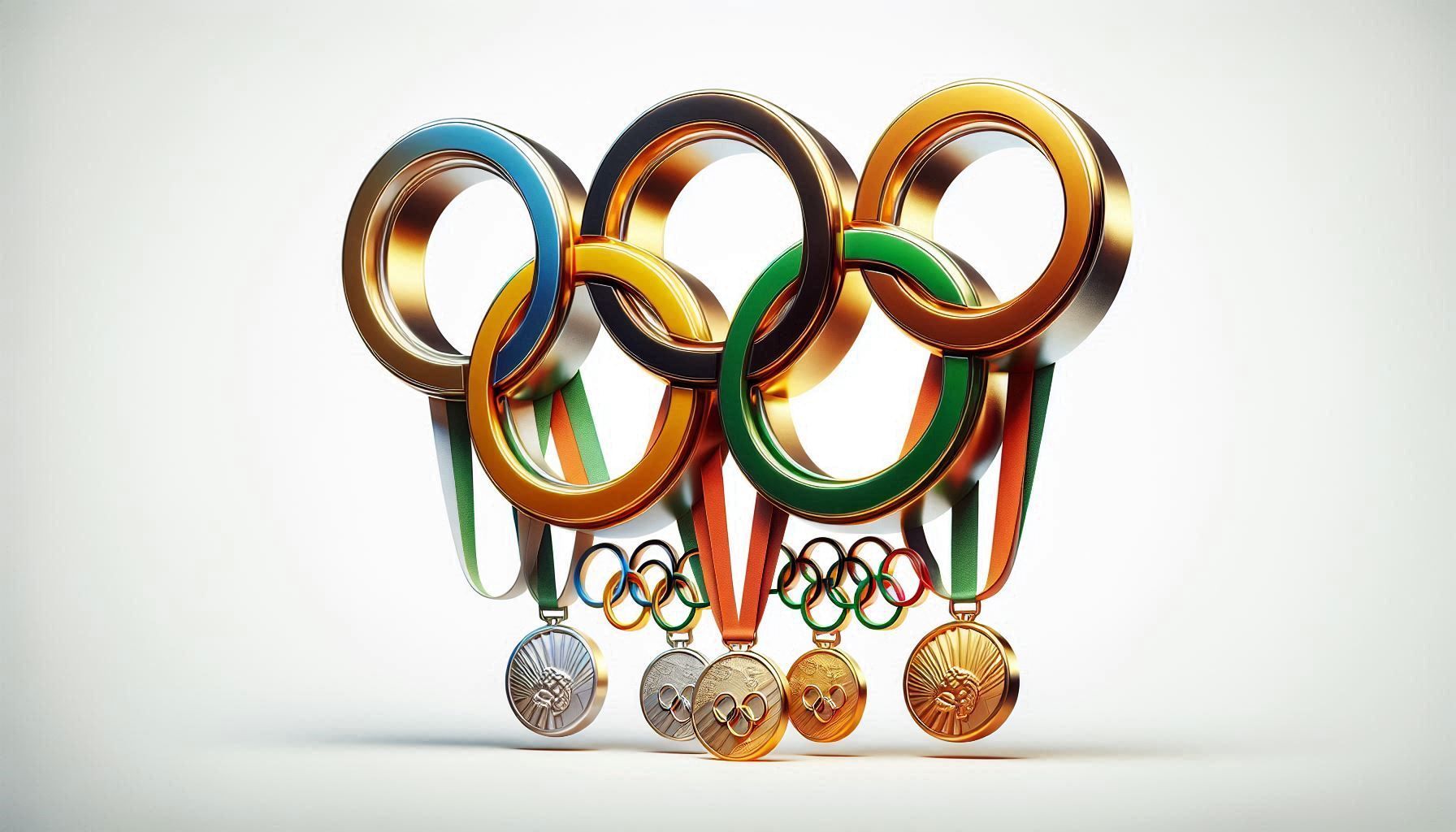 A group of olympic rings and medals on a white background.