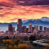 Downtown skyline at sunset with pink clouds, mountains, and a river in the foreground