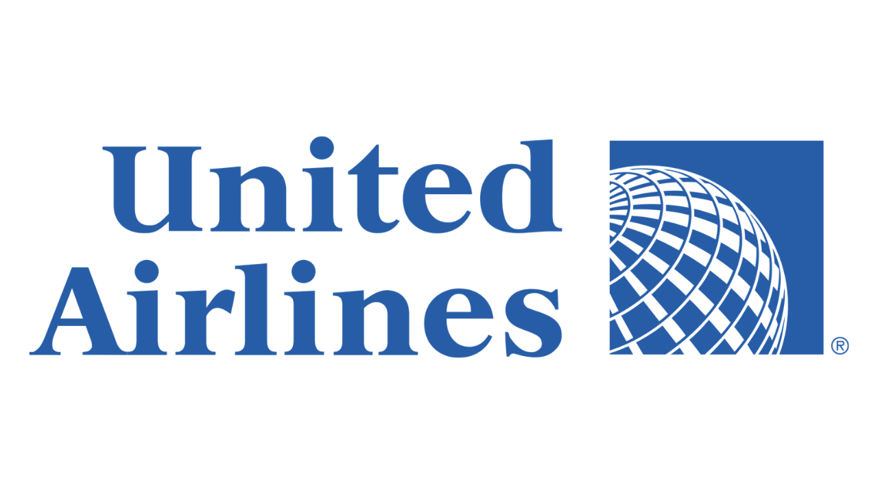 United Airlines logo with blue text and globe emblem on white background