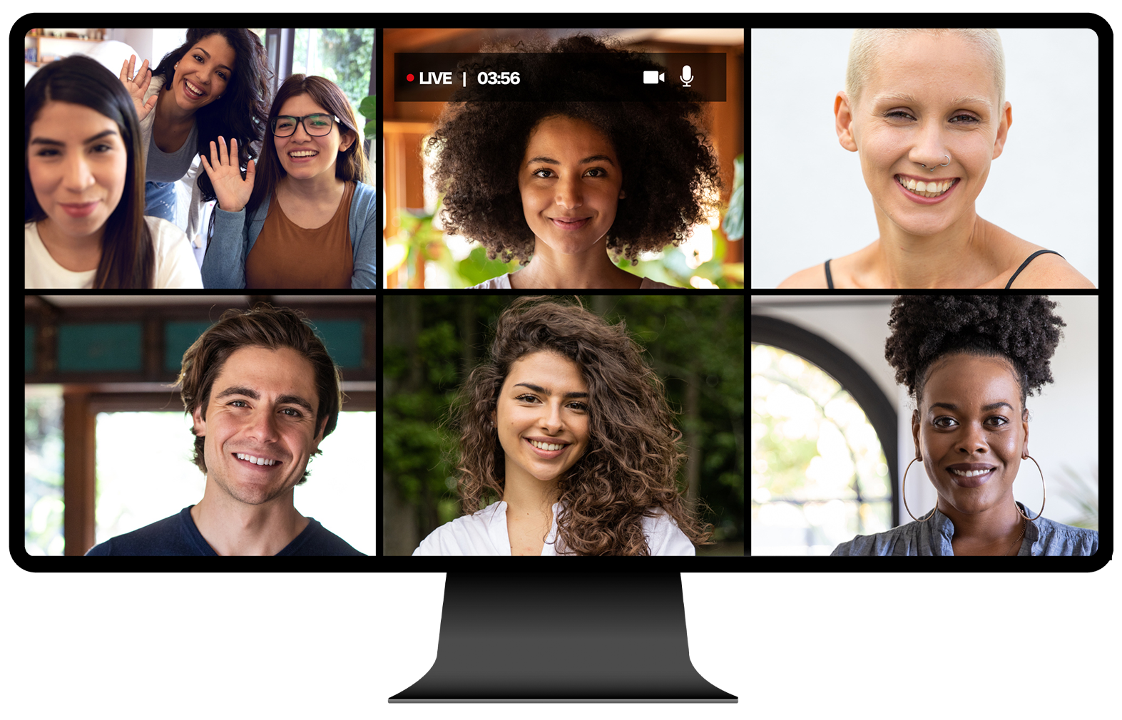 Video conference grid on a desktop monitor showing six smiling participants