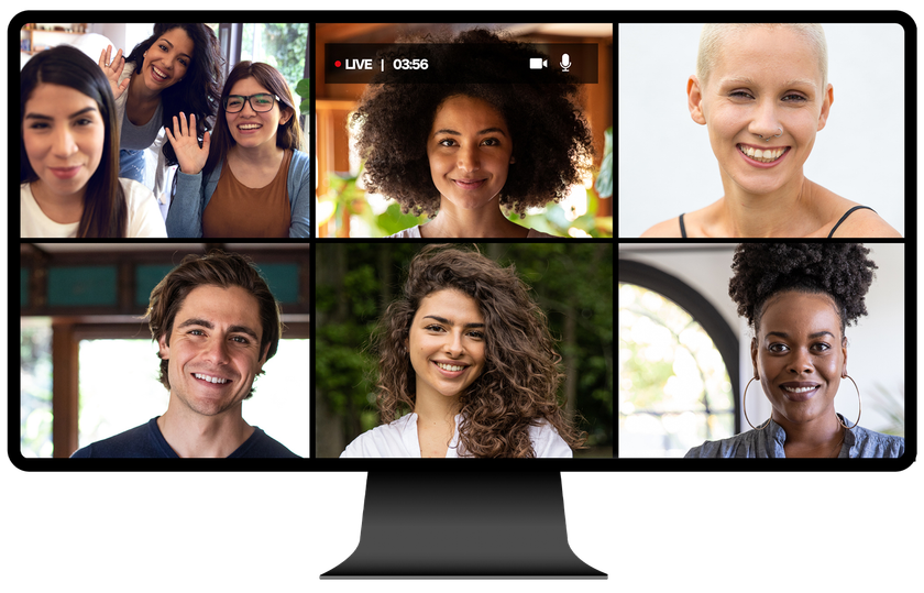 Video conference grid on a desktop monitor showing six smiling participants