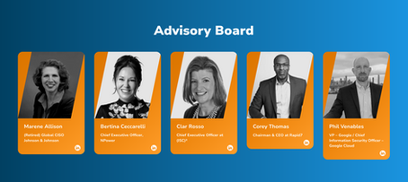Advisory Board lineup with five member profile cards on a blue background