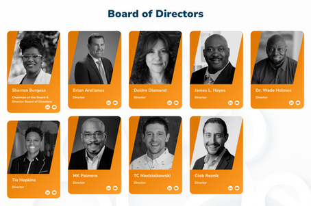 Board of Directors page with eight orange staff profile cards and headshots on a light background
