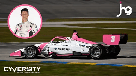 Pink-and-white race car speeding on track, with driver portrait inset and Cyversity branding