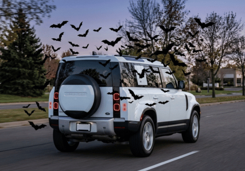 White Land Rover Defender driving along a suburban road surrounded by flying bats at dusk