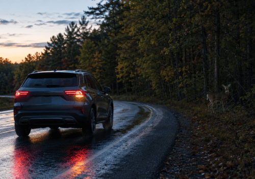 SUV Driving on fall road with deer on the side of the road.