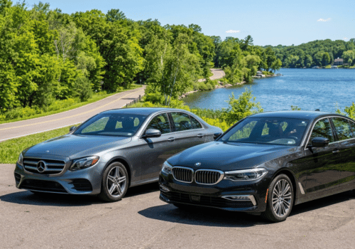Two European luxury sedans parked beside a scenic lakeside road surrounded by green trees.