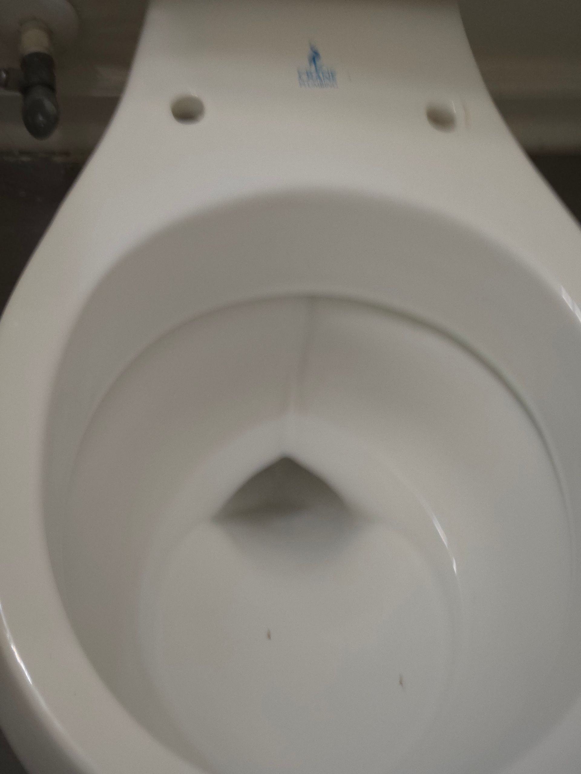 Close-up of a white toilet bowl. The opening is oval with a triangular area at the bottom.