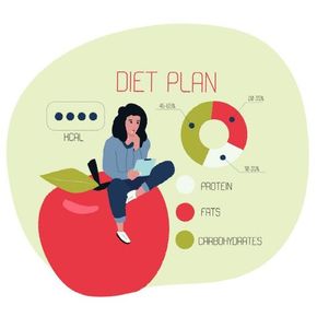 Una donna è seduta su una mela con sopra un programma di dieta.