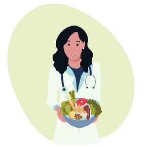 Una dottoressa tiene in mano una ciotola di frutta e verdura.