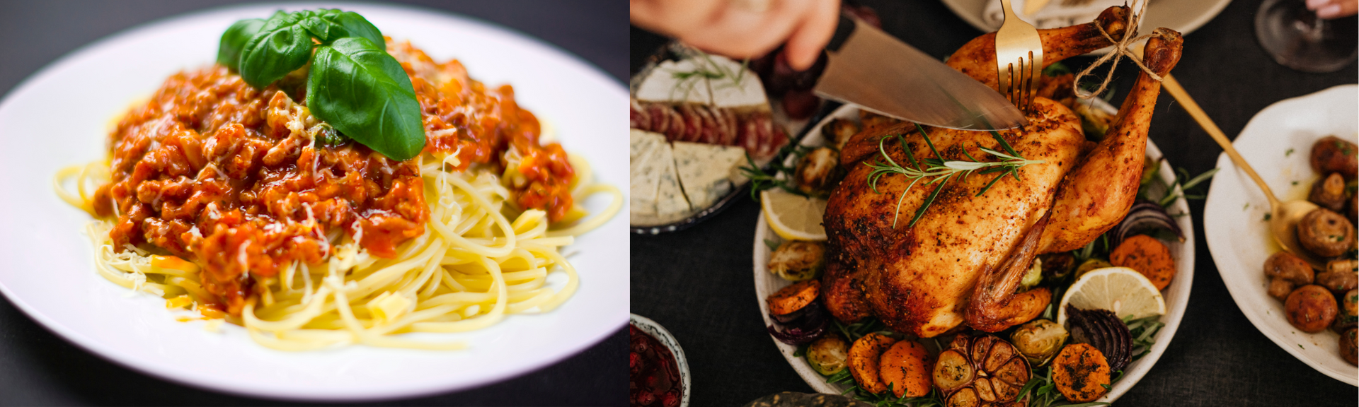 Spaghetti with meat sauce and basil beside roasted chicken on a dark platter