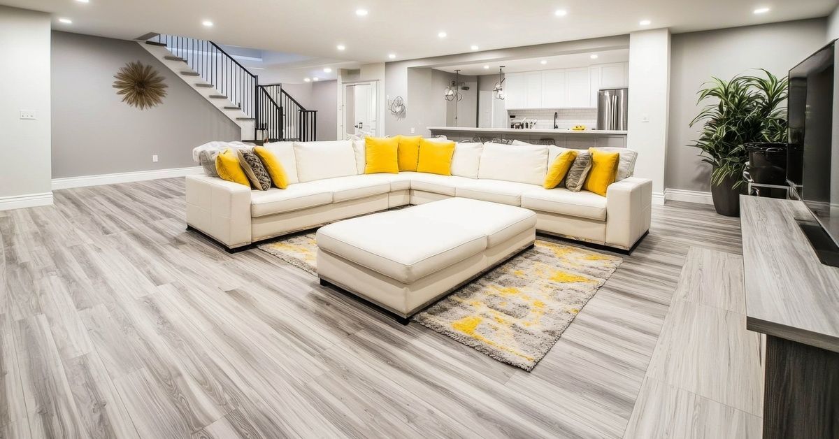 A finished basement has gray wood-look flooring, recessed lights, a kitchen, a staircase, and a lounge area with a TV.
