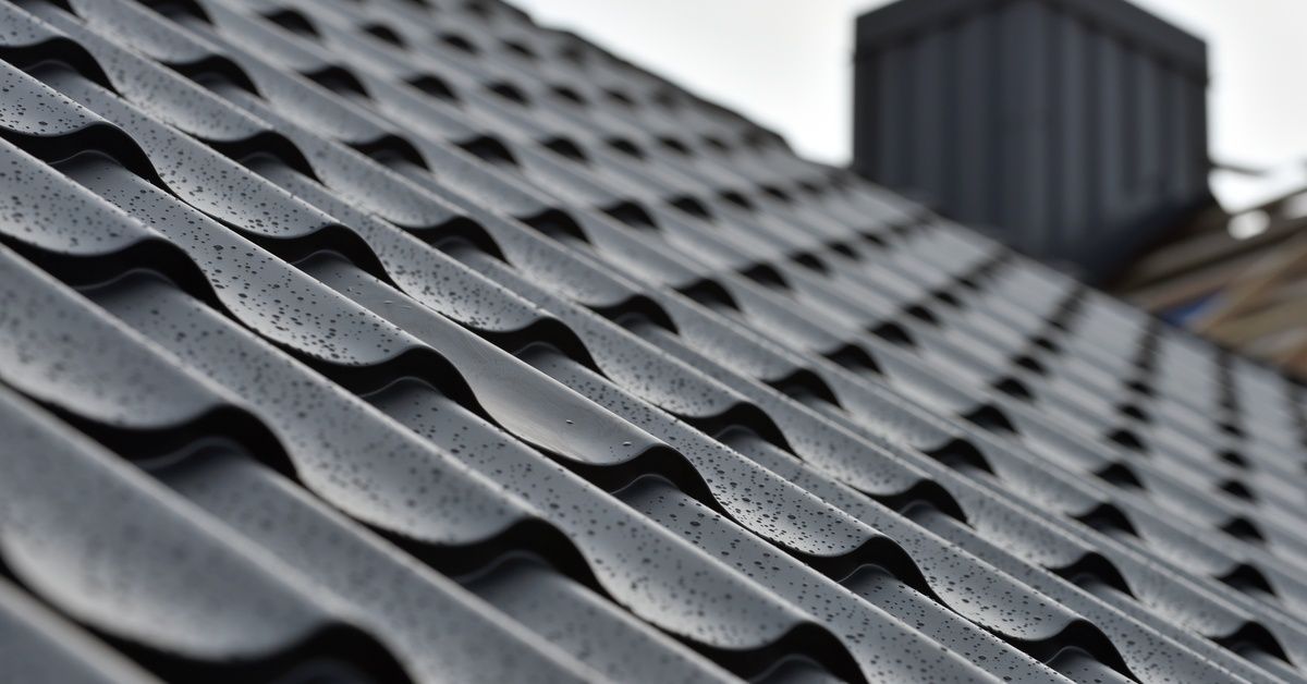 Close-up view of dark gray metal roof panels with a wavy, tile-like profile. Small water droplets sit on the surface.