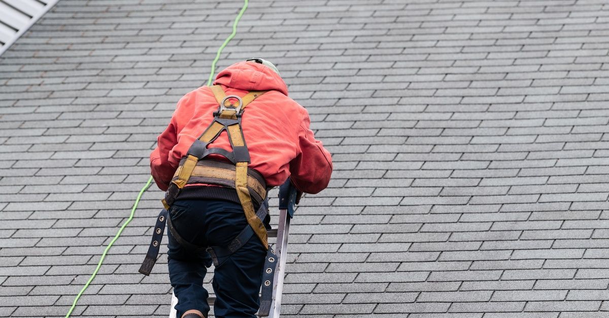 A person in a red jacket and fall-protection harness climbs a ladder against a sloped residential roof.