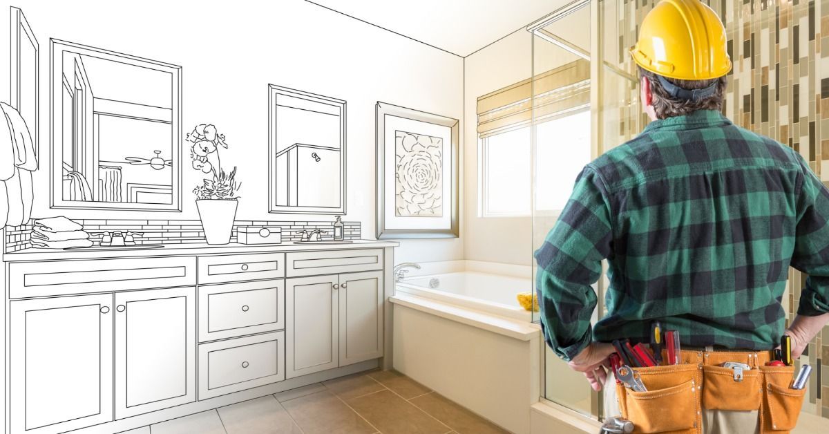 A construction worker faces a bathroom interior with one side shown as a line drawing and the other