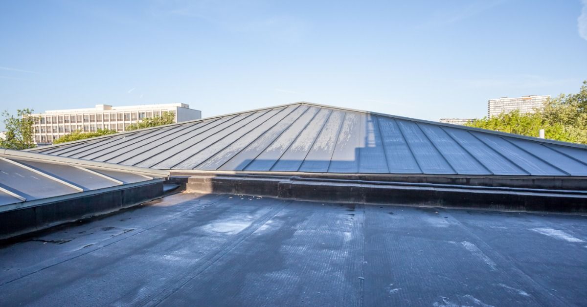 Under a blue sky, a flat black membrane roof sits in the foreground, touching a sloped standing-seam