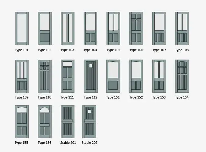 A bunch of different types of doors on a white background