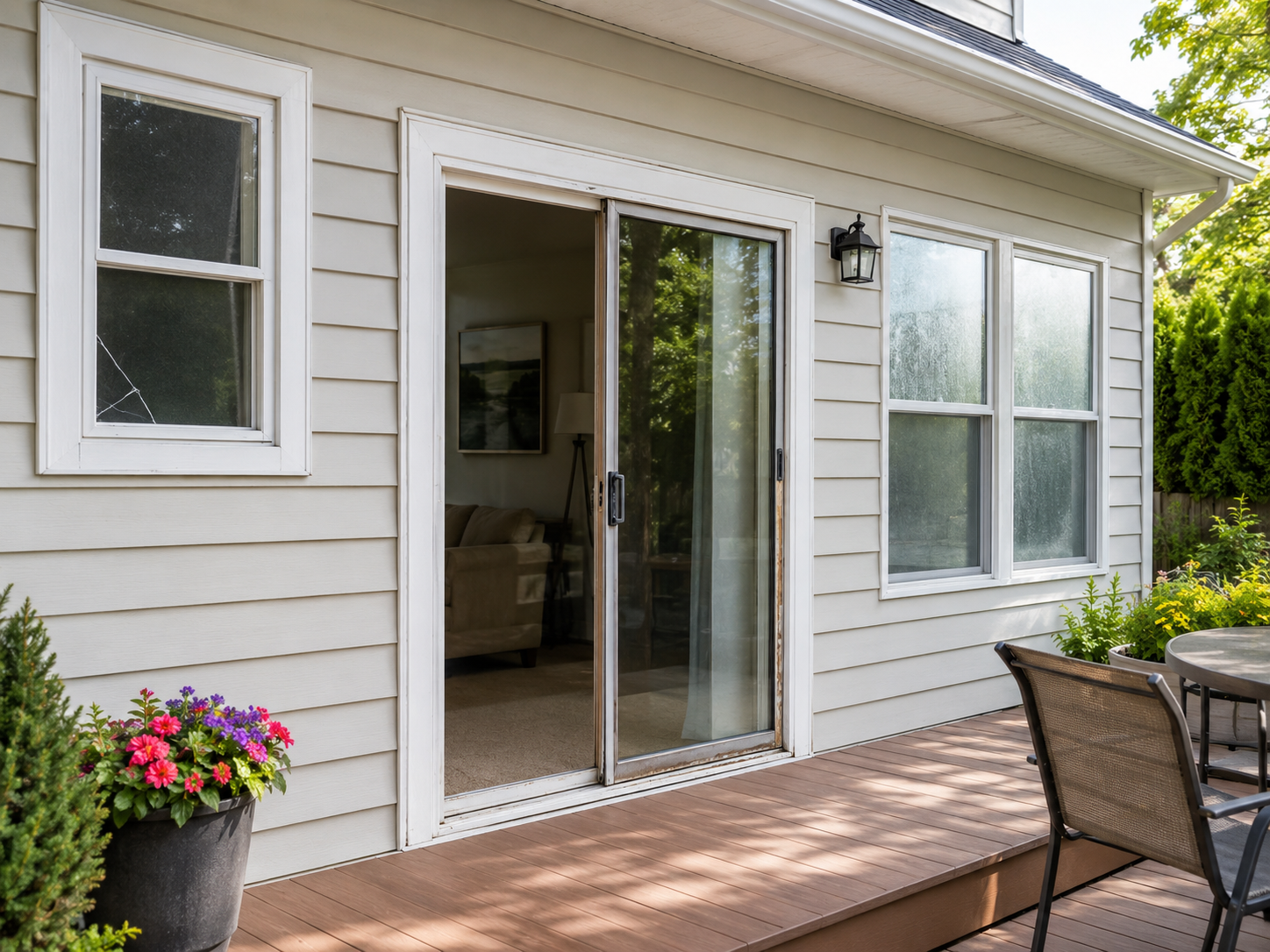 White house patio with open sliding glass door, potted flowers, and outdoor table and chairs