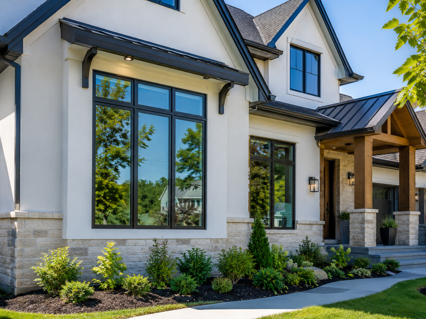 Modern two-story house exterior with white stucco, black trim, large windows, and a covered porch
