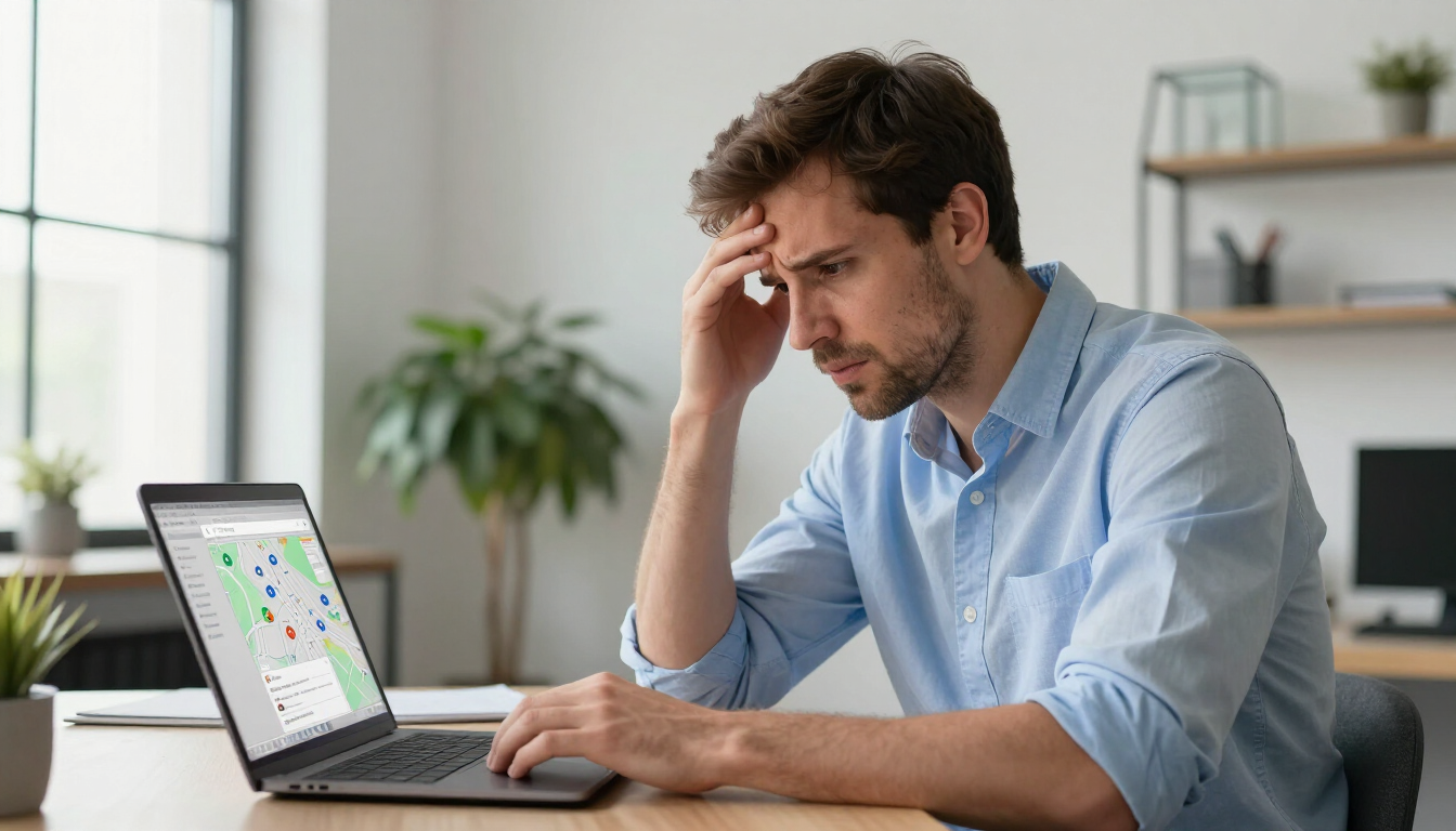 Frustrated business owner searching for their shop on a map