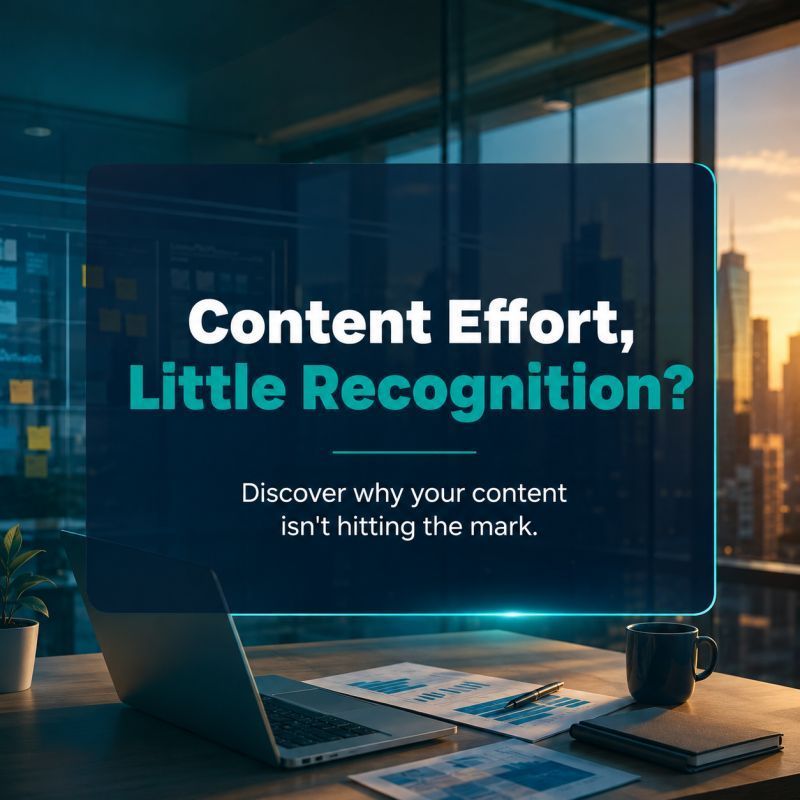 Office desk with laptop and chart, overlaid by text: “Content Effort, Little Recognition?”