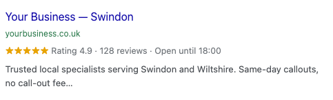 Your Business — Swindon Google listing with 4.9 stars, 128 reviews, open until 18:00, and service description
