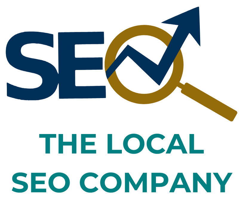 SEO logo with gold magnifying glass and blue arrow above teal text reading “THE LOCAL SEO COMPANY”