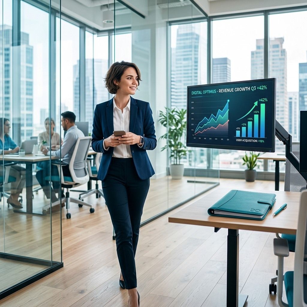 Professional in a modern office beside a digital sales chart, holding a tablet and walking near glass walls