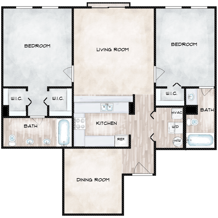 A floor plan of a house with bedrooms and bathrooms