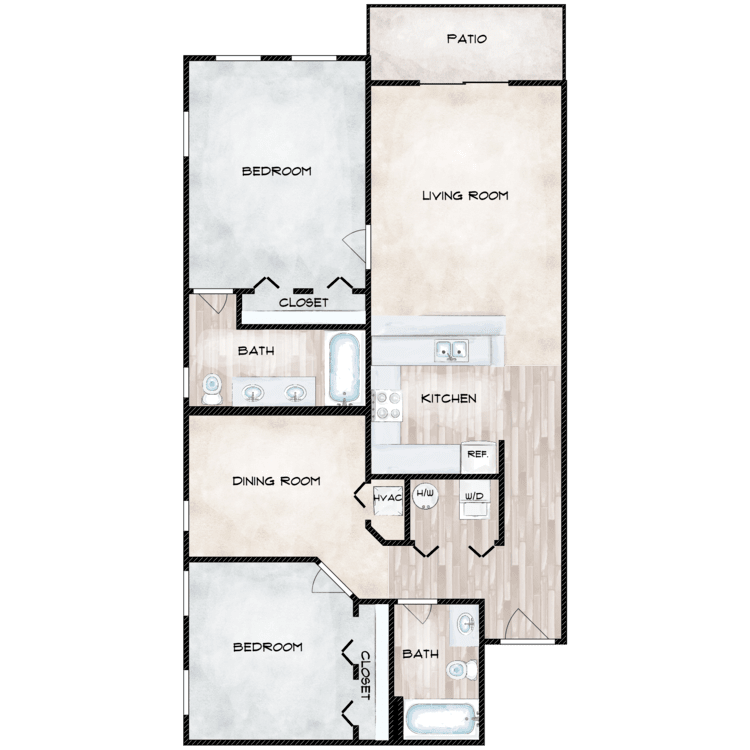 A floor plan of a house with two bedrooms and a patio