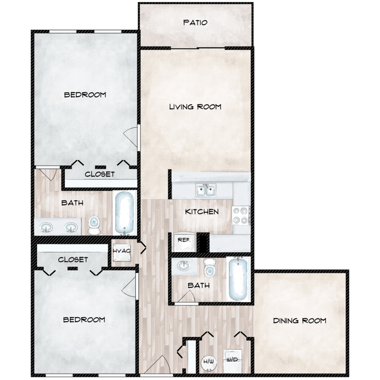 A floor plan of a house with two bedrooms and a living room
