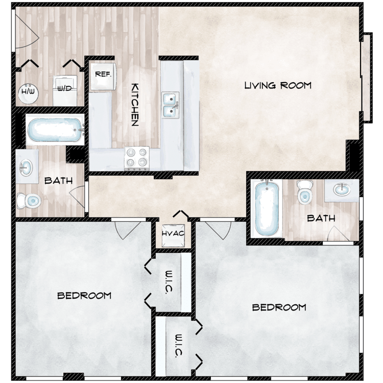 A floor plan of a house with bedrooms and bathrooms