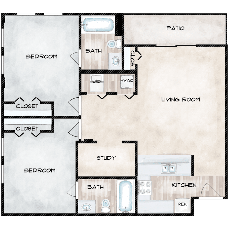 A floor plan of a house with two bedrooms , a bathroom , a living room , and a patio.