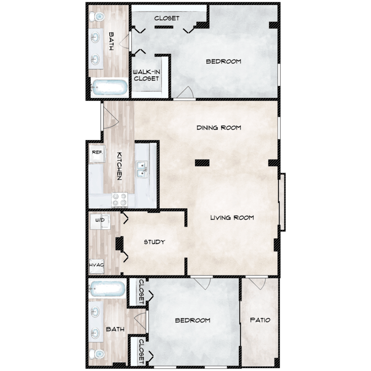 A floor plan of a house with two bedrooms and a bathroom