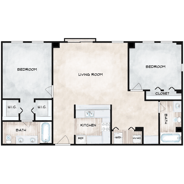 A floor plan of a house with two bedrooms and a living room.