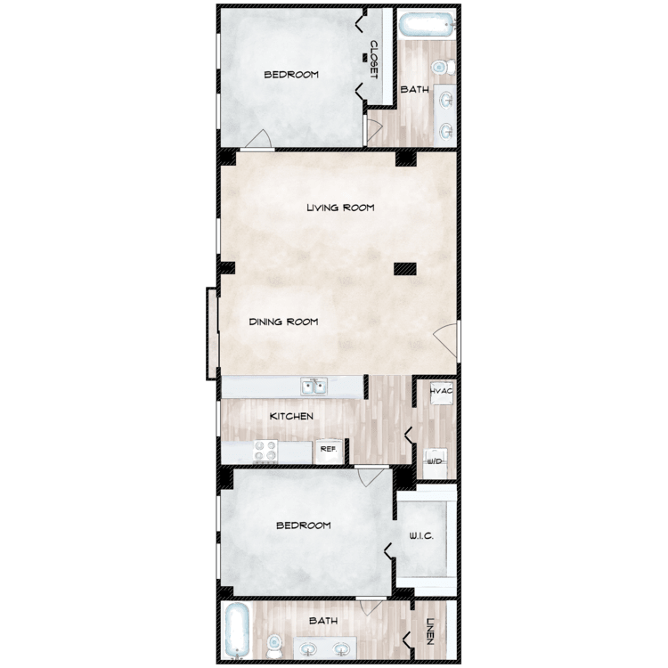 A floor plan of a house with two bedrooms and a bathroom