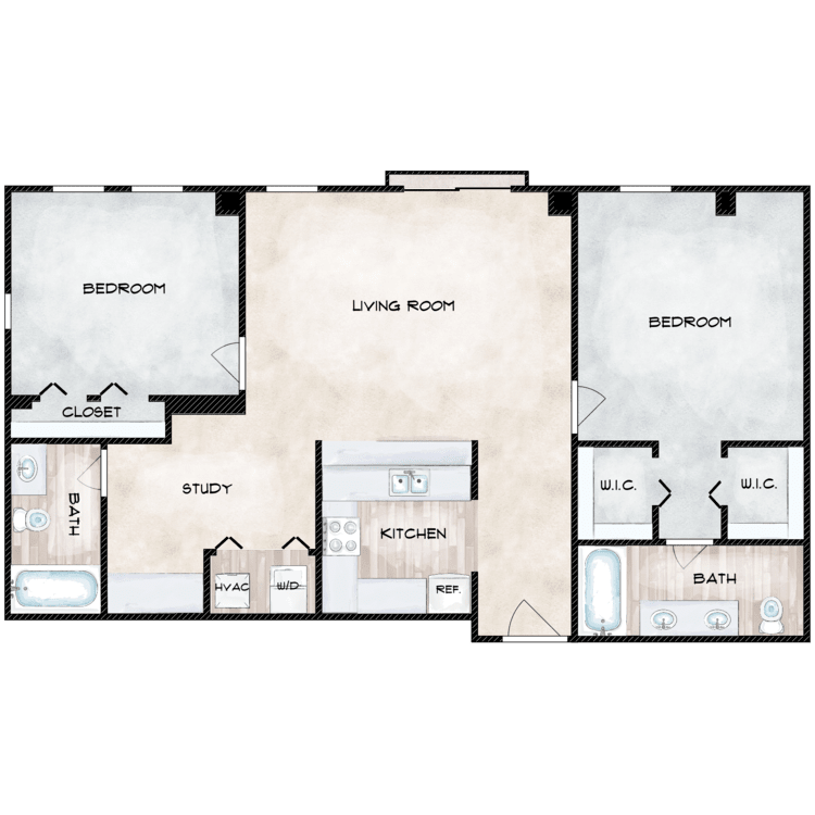 A floor plan of a house with two bedrooms and a living room
