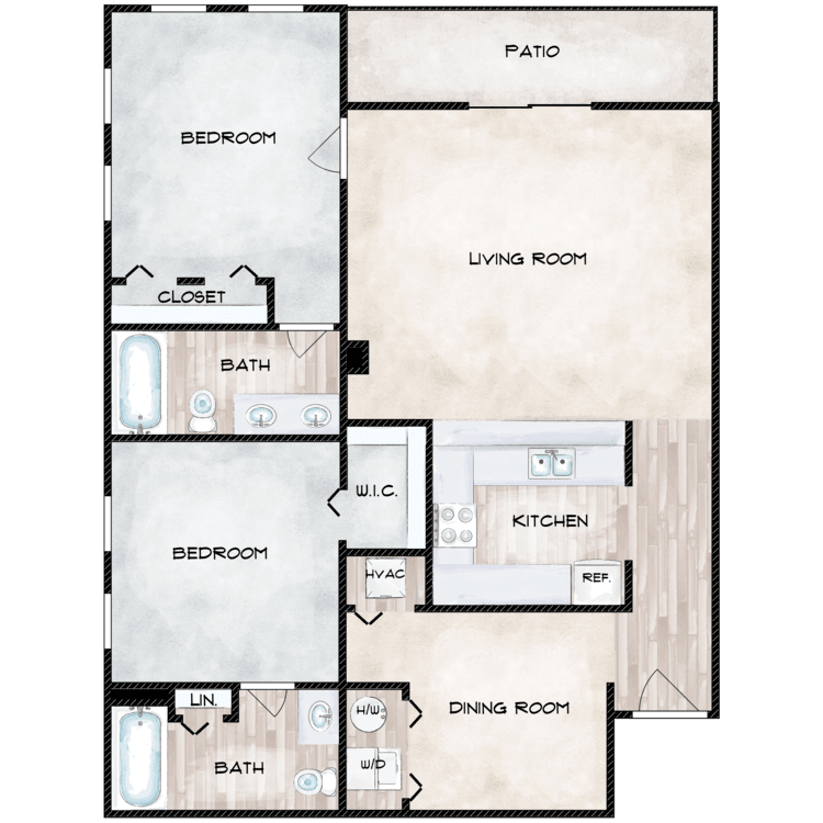 A floor plan of a house with two bedrooms and a patio