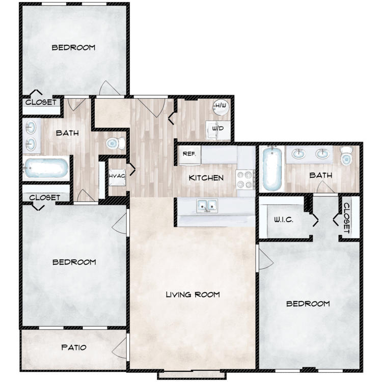 A floor plan of a house with bedrooms and bathrooms