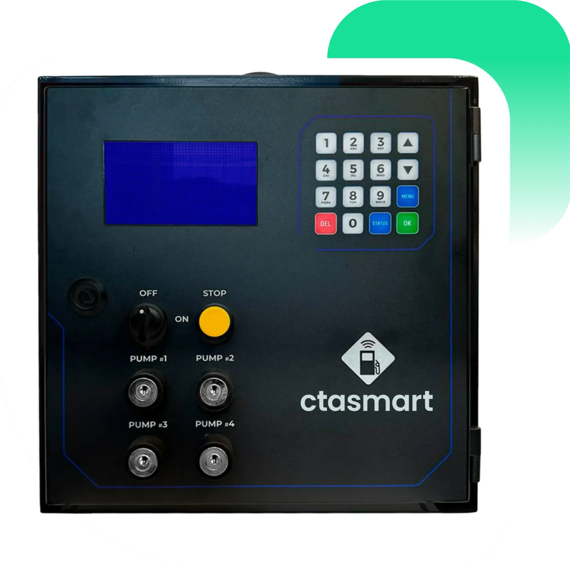 Um painel de controle ctasmart preto com uma tela e botões azuis.