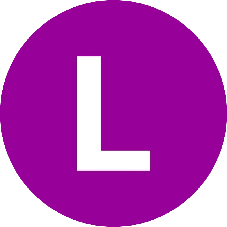 Uma letra l branca está dentro de um círculo roxo.