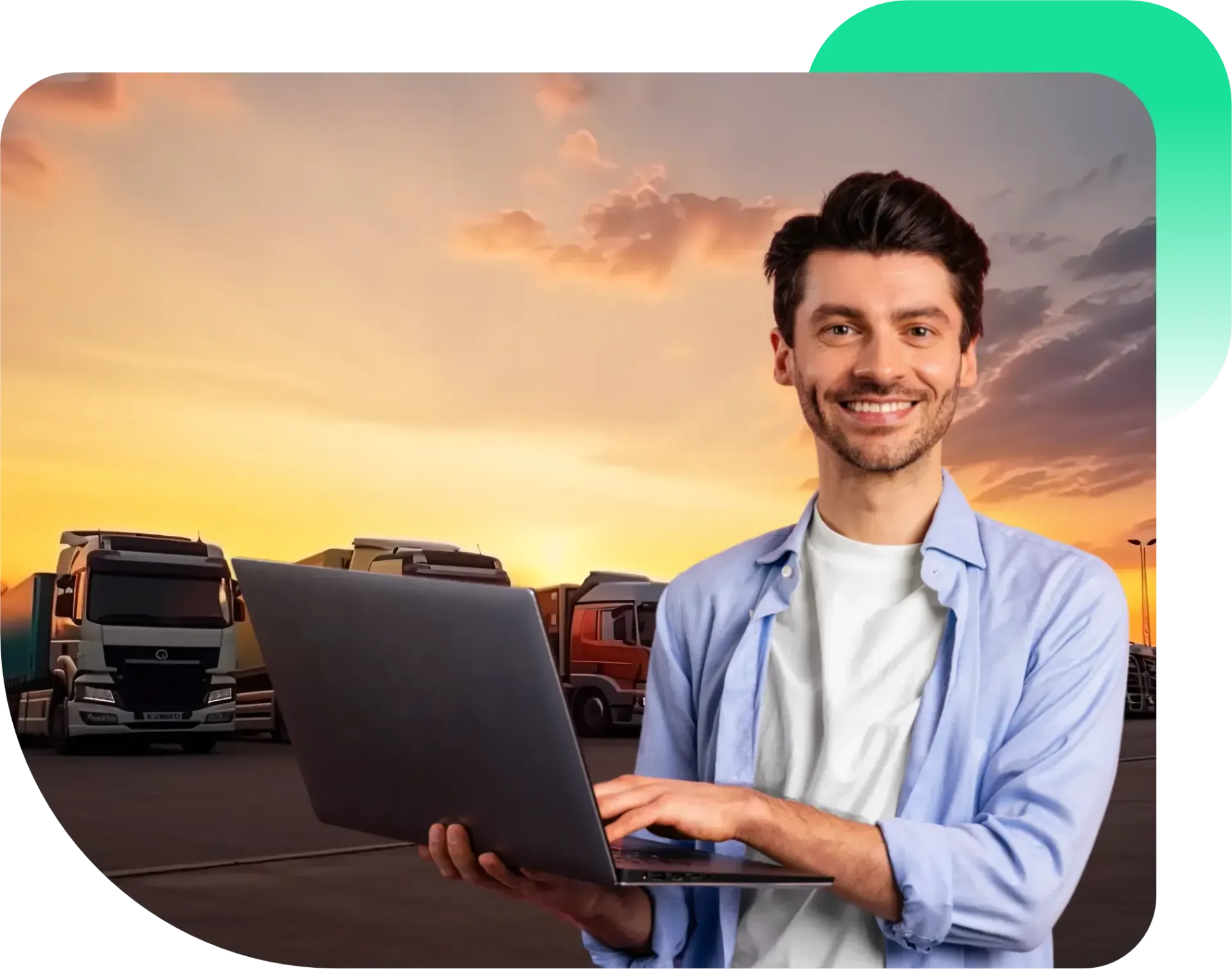 Um homem está segurando um laptop na frente de um caminhão.