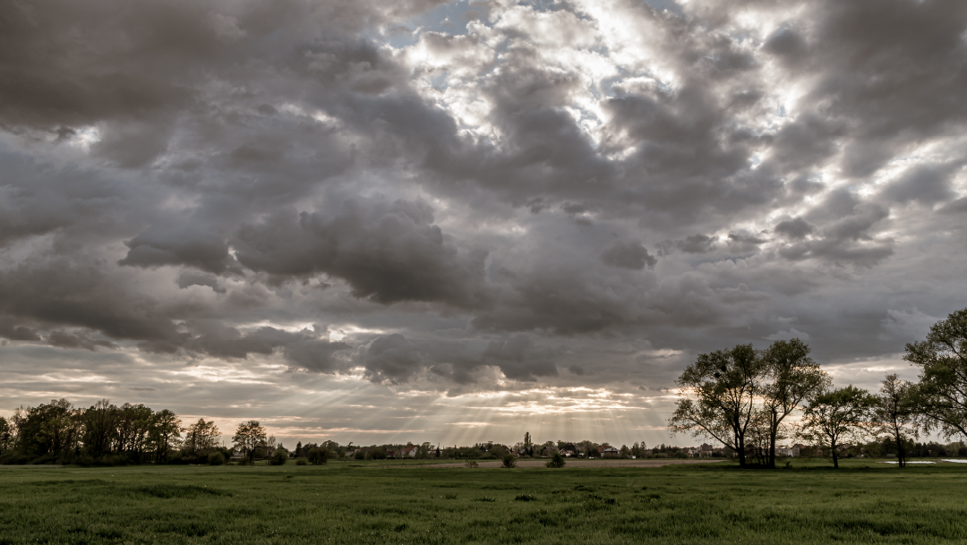 Um céu nublado sobre um campo gramado com árvores em primeiro plano.