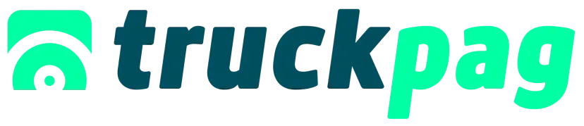 Um logotipo azul e verde para truckpag em um fundo branco.