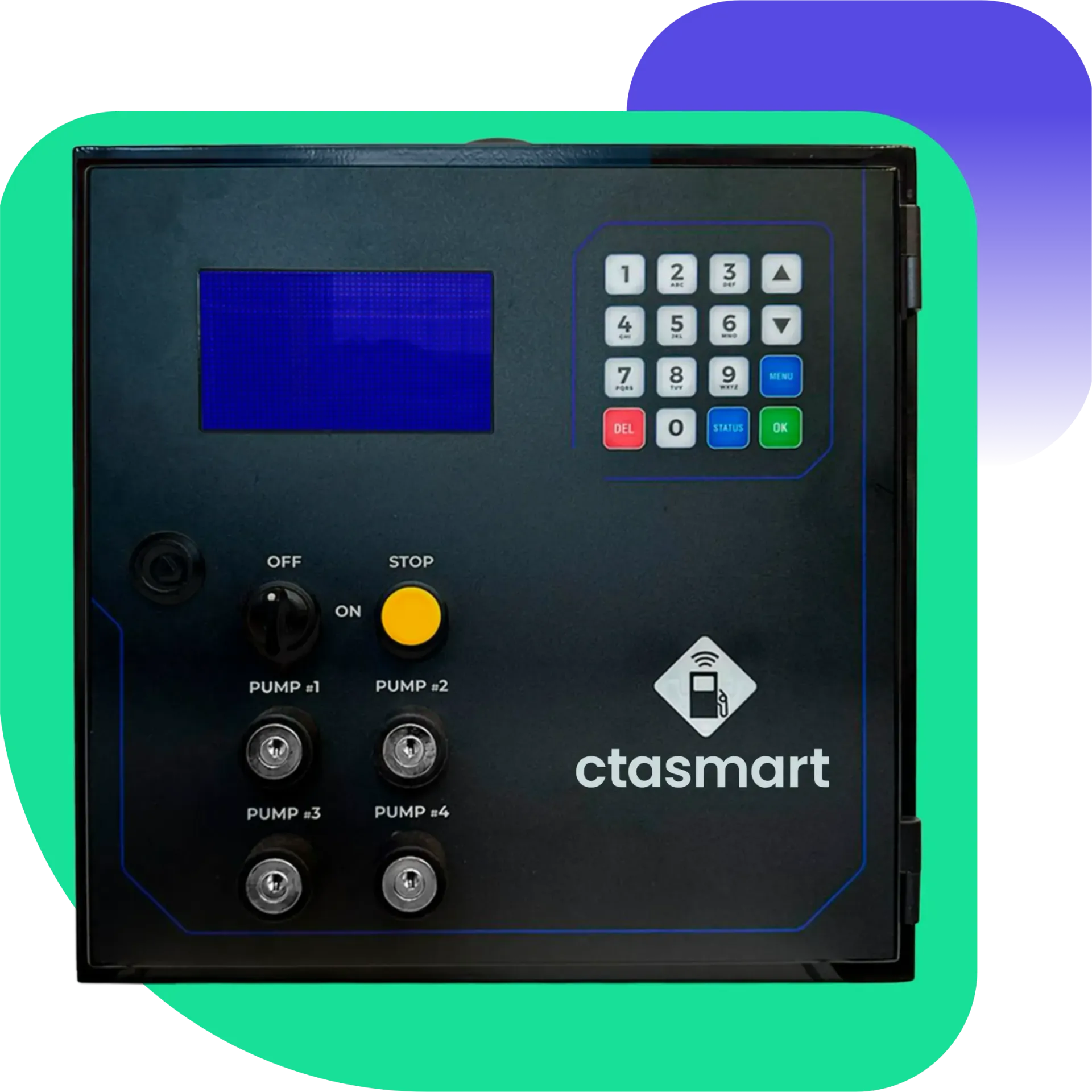 Um painel de controle ctasmart preto com uma tela e botões azuis.